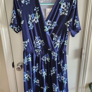 LuLaRoe V-Neck Flutter Sleeve Midi Dress Blue and White